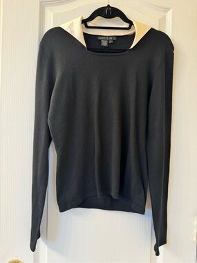 Lafayette 148 New York Knit Top Size Medium Black & Ivory Collared Sweater